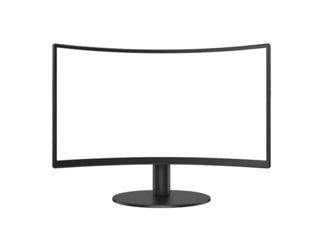 A curved computer monitor with a black screen is displayed on a black background in a studio shot