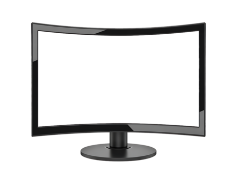 A curved black computer monitor with a stand isolated on a black background in a studio shot
