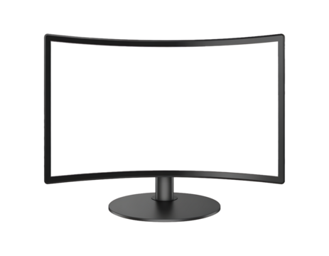 A curved black computer monitor with a black screen and a circular base on a black background view