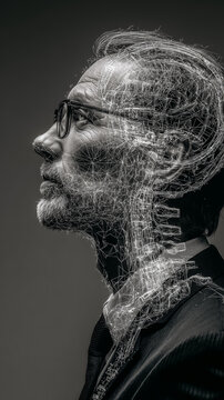 Czarne-białe portret mężczyzny w okularach, z nałożoną futurystyczną grafiką sieci neuronowej lub kręgosłupa szyjnego, symbolizującą technologię, umysł lub biocybernetykę.