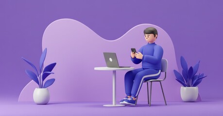 3D cartoon character using laptop and smartphone in a vibrant minimalist digital workspace
