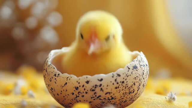 Cute yellow chick hatching from speckled egg on soft yellow background during springtime