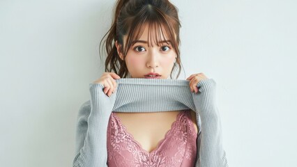 白い壁の前でセーターからピンクのレースの下着を見せる若い女性