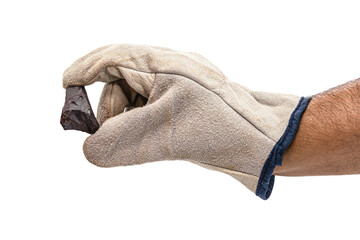 hand holding ore on isolated white background, mining concept