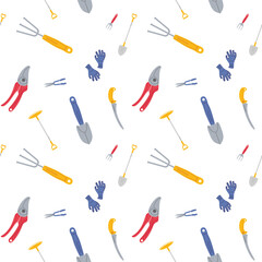Garden tools scattered on a white background for home gardening and landscaping projects