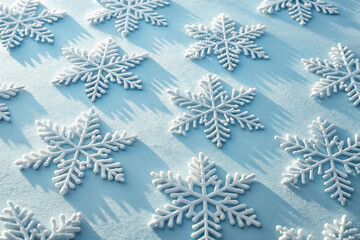 A serene winter landscape depicts a graceful composition of white snowflakes lying on a soft blue surface of snow, evoking a sense of magic