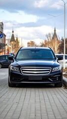 Dark car, front view, city background