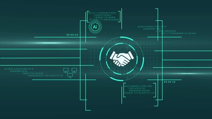 Businecc man of partnership with handshekh on circuit board, Futuristic circuit board design in neon blue, captured from a side angle. The video style emphasizes technology and innovation. 4k motion - Powered by Adobe