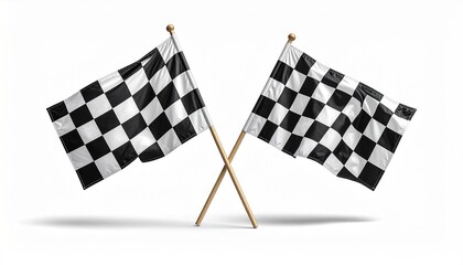 Fototapeta premium Two black-and-white checkered racing flags crossed at the poles, set against plain white background