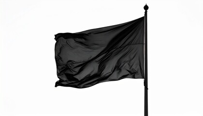 Solid black flag waving on vertical flagpole with finial, set against stark white background