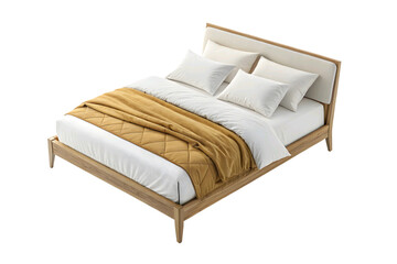Modern wooden bed with white bedding and golden throw isolated on transparent background