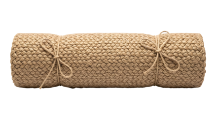 A rolled light beige mat secured with rope ties on a transparent backdrop. The textured woven material adds a natural and crafted look with a neutral color palette.