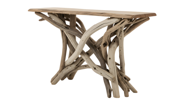 A rustic wood table features a base made of intertwined branches, set against a transparent background. The tabletop is crafted from the same wood, creating a cohesive and natural design.