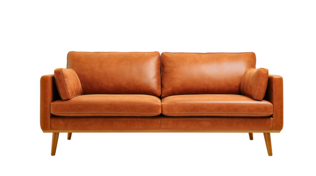 A warm orange leather sofa with plush cushions and tapered wooden legs, offering vintage-modern comfort and stylish lounge appeal.