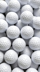 Close-up view of many white golf balls tightly packed together