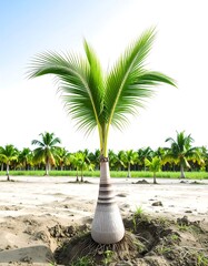 Young palm tree in sandy soil, with other palm trees in the background.  Bright, vibrant greenery against a clear sky