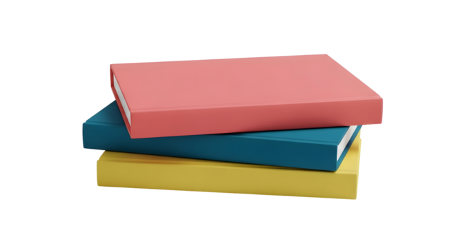 A stack of three books is rendered in red, blue and yellow. This minimal illustration is on a transparent background, making it easy to overlay onto other designs.