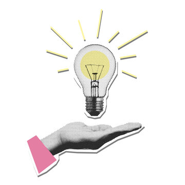 Hand holding a glowing light bulb idea pop art collage. Halftone retro style for idea, innovation, inspiration, and solution concepts.