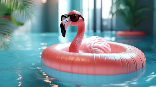 Colorful flamingo float relaxes in a vibrant swimming pool surrounded by greenery during sunny day indoors