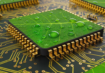 Leaf-Shaped Microchip On Circuit Board. Eco Innovation.