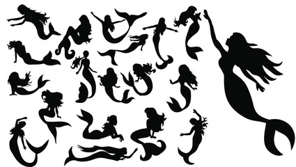 mermaid, mermaids, silhouette, mythical, creature, fantasy, female, woman, siren, sea, ocean, water, collection, set, group, variety, poses, swimming, sitting, lying, playful, magical, underwater, leg