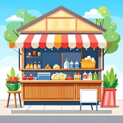 Colorful street food stall under a striped awning