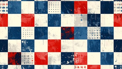 Abstract checkerboard pattern in red, white, and navy blue.  Grunge texture