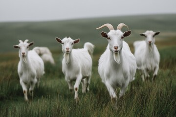 Fototapeta premium Herd of White Goats Approaching the Camera in a Lush, Grassy Field on an Overcast Day. Livestock and rural agriculture concept for dairy farming, natural food sourcing, or countryside travel.