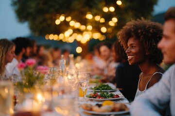 Outdoor community dinner table at twilight with diverse people sharing food under fairy lights