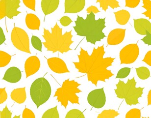 Autumn leaves pattern.  Various shapes and shades of yellow, orange, and green leaves on white background
