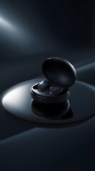 Sleek black wireless earbuds resting in their open charging case.