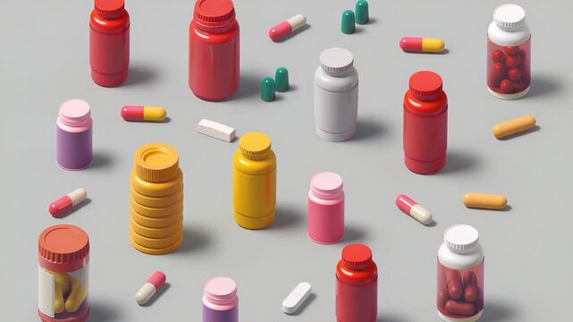 video A collection of pills and capsules on a neutral gray surface, great for medical or pharmaceutical concepts