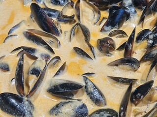 Steamed mussels in white wine sauce