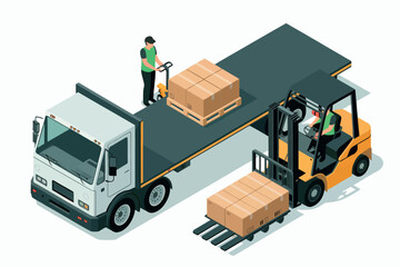 Forklift loads cargo onto flatbed truck during logistics operation supply chain management warehouse isolated on white background