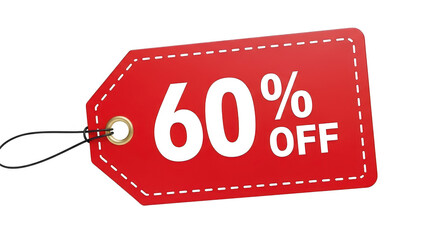 Red tag showing 60 percent off discount isolated on transparent background
