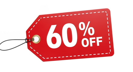 Red tag showing 60 percent off discount isolated on transparent background