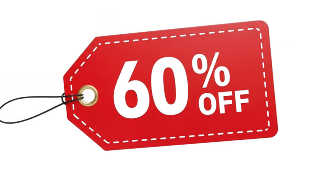 Red tag showing 60 percent off discount isolated on transparent background