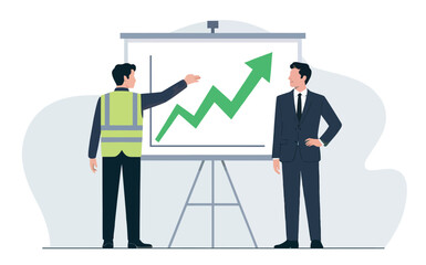Business growth strategy presentation with upward trend chart and two professionals discussing isolated on white background