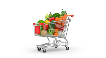 Shopping Cart Full of Groceries on a White Background

