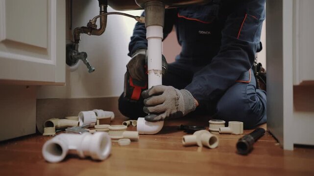 Plumber installing kitchen sink pipes using electric drill with plumbing tools and fittings on wooden floor.