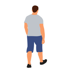 man, male, person, standing, from behind, back view, grey t-shirt, blue shorts, casual wear, legs, feet, shoes, isolated, white background, illustration, flat design, simple, modern, adult, human, fig