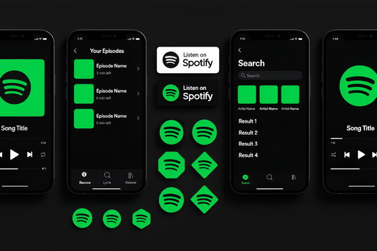 Modern spotify app interface displayed on multiple smartphones showcasing music streaming service features and branding