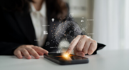 Global business network connecting digital economy and data exchange. Global business expands market, business shares data, global drives finance, and global business supports insight. Latch