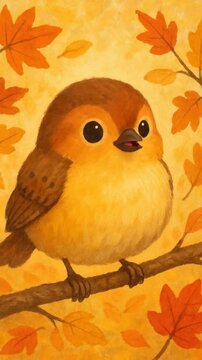 Charming illustration of a bird on a branch with autumn leaves. Warm tones and a close-up angle create a cozy, video game-like aesthetic. Live mobile wallpaper.