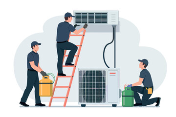 Skilled technicians install air conditioning unit ensuring optimal cooling performance and home comfort isolated on white background