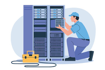 It technician servicing server rack in data center maintenance operations technology support isolated on white background