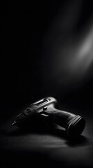 Dramatic black and white photo of a cordless power drill.