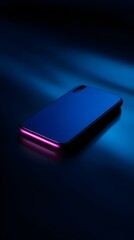 Sleek modern smartphone glowing with neon pink and blue light.