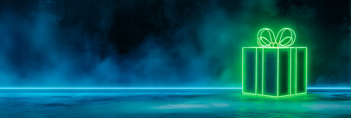 A neon-green gift box glows on a foggy blue stage, outlined with bright lines and a luminous bow, minimal futuristic presentation.