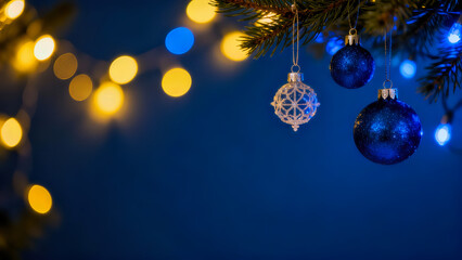 Obraz premium Decorative Christmas ornaments hang on a green pine tree with twinkling blue and yellow lights on a blue background with copy space